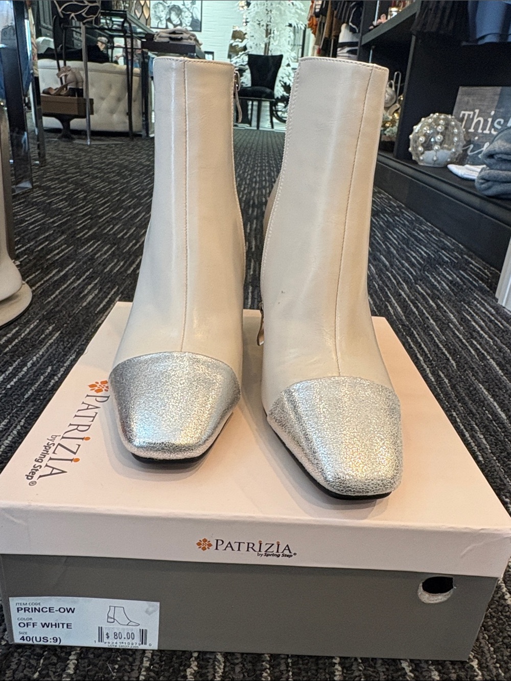 Patrizia Off-White Ankle Boots with Silver Cap Toe